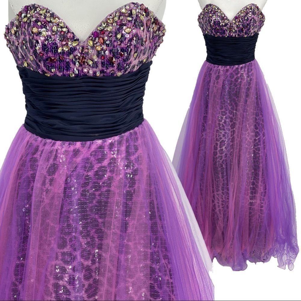 Jovani purple animal print strapless ball gown